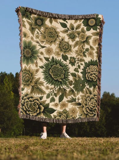Olive green throw Floral blanket